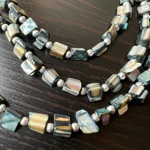 Multi Strand Mother of Pearl Shell Bead Necklace Iridescent Silver Tone Layered